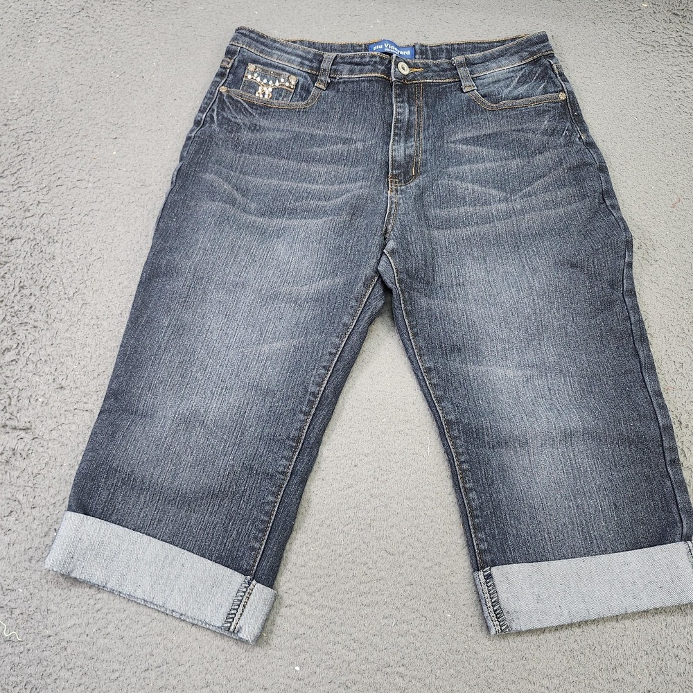 Blu Vineyard Capri Jeans Womens 12 Blue Medium Wash High Rise Cuffed Rhinestone